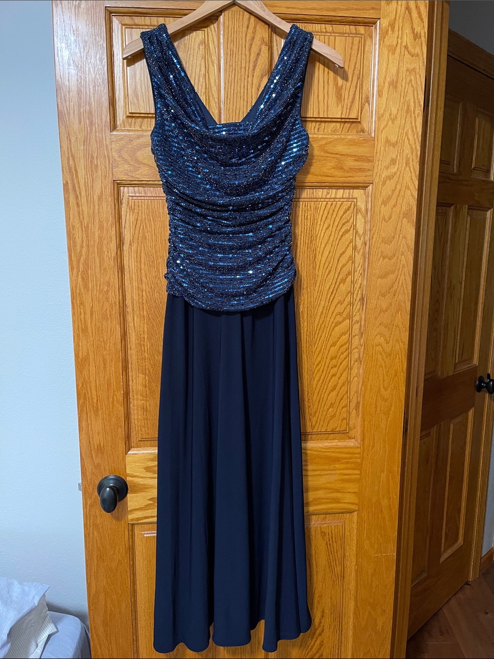 R&M Richards Petite Navy Sequined Drape Bodice Maxi Dress